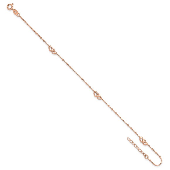 925 Sterling Silver Rose-tone Polished Hearts Charms 9" + 1" Ext Anklet - Picture 8 of 8